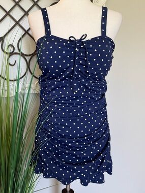 SEPTANGLE Size 12 Navy Blue Polka Dot One Piece Swimsuit Swimdress - So cute!